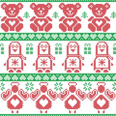 Çapraz dikiş örgü içinde kırmızı ve yeşil İskandinav vintage Noel Nordic seamless modeli penguen, melek, oyuncak ayı, xmas hediye, Kalpler, dekoratif süsler, Noel ağaçları
