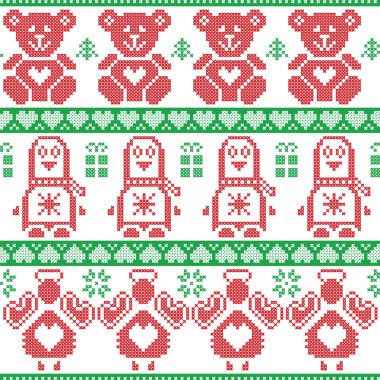 Red and green Scandinavian vintage Christmas  Nordic seamless pattern with penguin, angel, teddy bear, xmas gifts, hearts, decorative ornaments, christmas trees in cross stitch knitting clipart