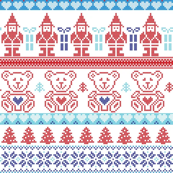 Dark and light blue , red Scandinavian inspired Nordic xmas seamless pattern with elf, stars, teddy bears, snow,christmas  trees, snowflakes, stars, snow, decorative ornaments  in red cross stitch — Stock Vector