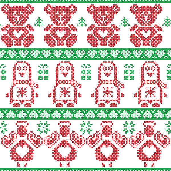 Красный и зеленый скандинавские винтажные Рождество Скандинавские бесшовные картины с пингвином, ангелом, плюшевым мишкой, рождественские подарки, сердца, декоративные украшения, рождественские елки в кресте вязание стежком
