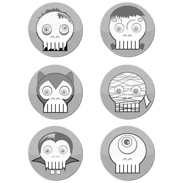 Teschi di mostri di Halloween in bianco e nero come vampiro, zombie, uomo Woolf, ciclope e mummia in forma di bottone con un elemento ombra — Vettoriale Stock