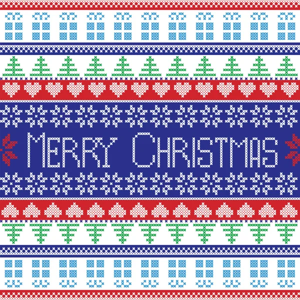 Rode, blauwe, groene en witte Merry Christmas patroon met decoratieve elementen bomen, bloemen, giften van Kerstmis in Scandinavische stijl cross stitch — Stockvector