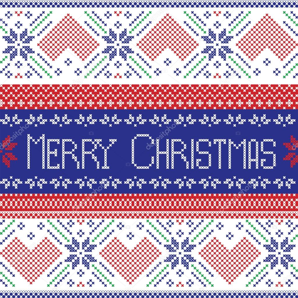 Dark blue, red and green Scandinavian Merry Christmas seamless  pattern in Nordic style cross stitch knitting style with hearts, flowers and decorative ornaments
