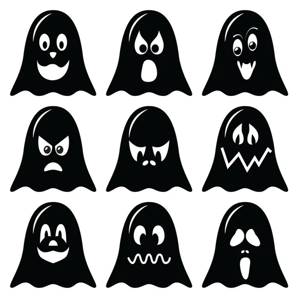 Assustador Halloween fantasmas personagens ícones definidos em preto e branco — Vetor de Stock
