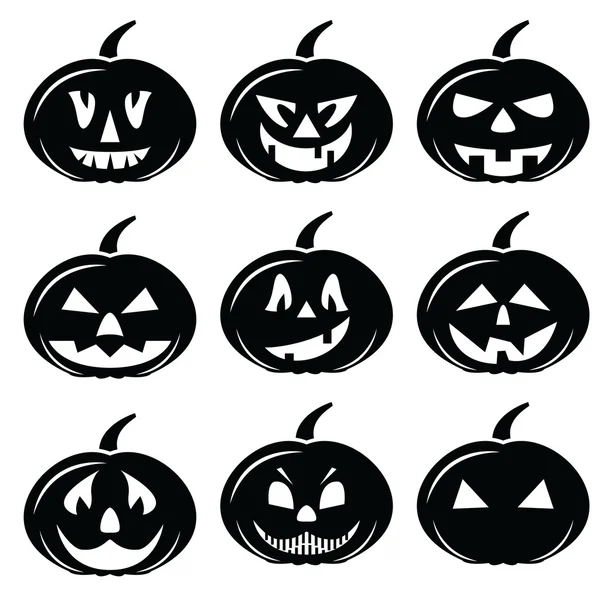 Assustador Halloween abóboras personagens ícones definidos em preto e branco — Vetor de Stock