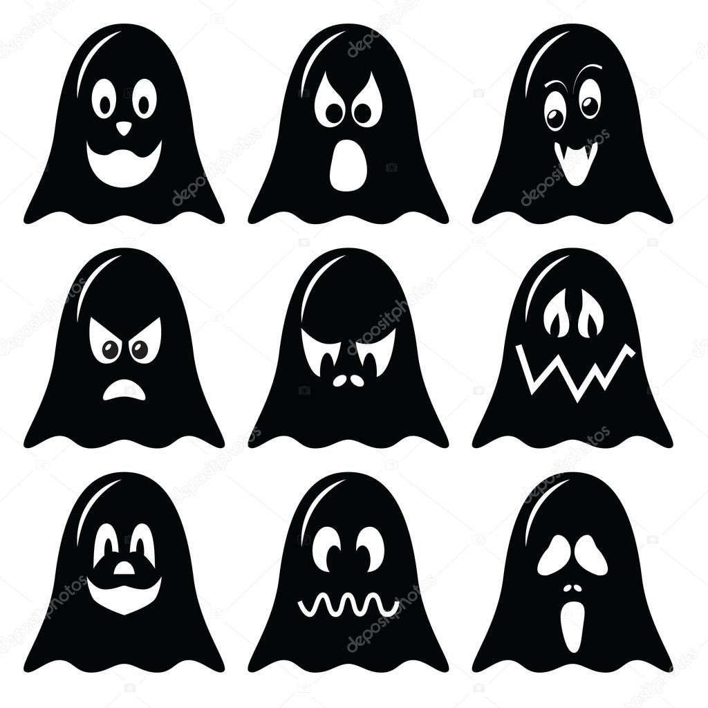 Scary Halloween  ghosts  characters icons set in black and white