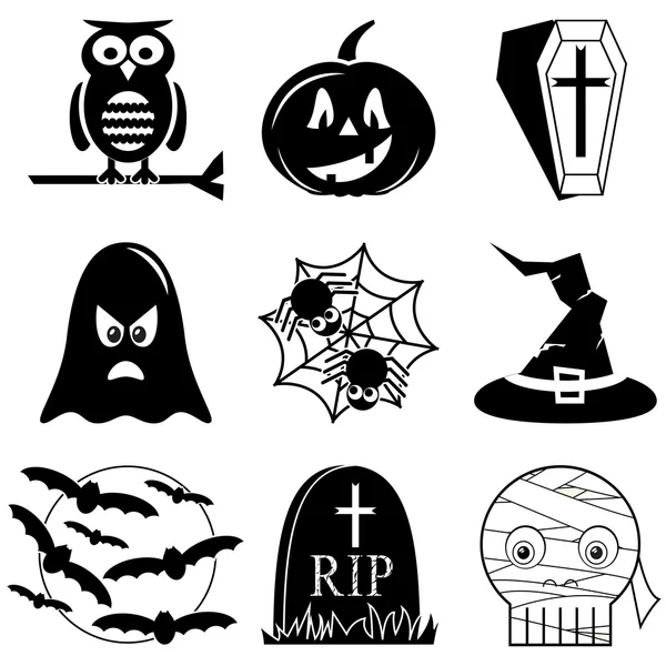 Ícones de Halloween definido em preto e branco, incluindo coruja, abóbora, caixão com cruz, fantasma, aranha na teia de aranha, chapéu de bruxa com fivela, lua com morcegos voadores, RIP túmulo, e crânio múmia — Vetor de Stock