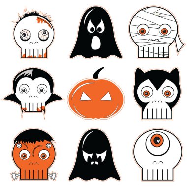 Cadılar Bayramı Icons set 3 dahil korkunç, ürkütücü hayalet ve kabak, anne, Tepegöz, vampir, canavar, zombi ve kurt adam siyah beyaz ve turuncu
