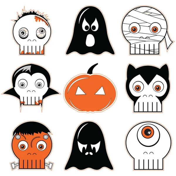 Halloween set di icone 3 tra cui spaventosi fantasmi spettrali e zucca,, mummia, ciclope, vampiro, Mostro, zombie e lupo mannaro in bianco nero e arancione — Vettoriale Stock