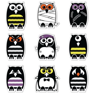Halloween korkunç, ürkütücü, anne, Tepegöz, vampir. Canavar, zombi baykuşlar renkli olarak etiket biçemi