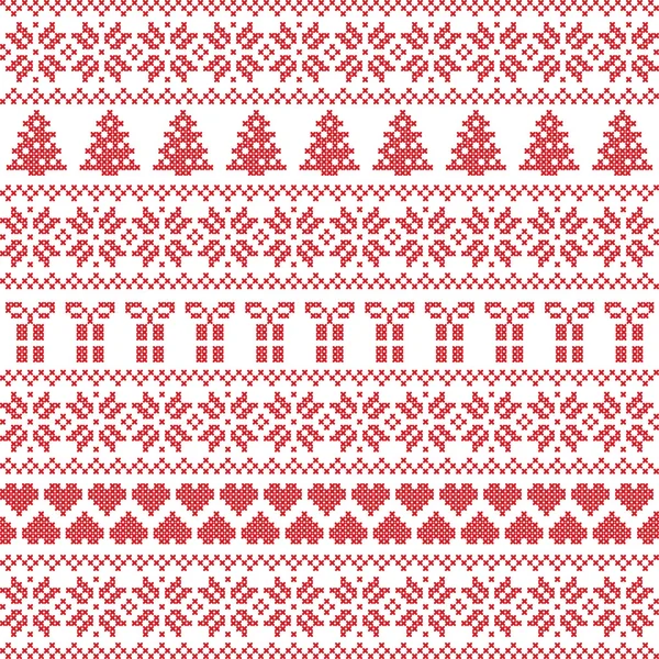 Estilo escandinavo, puntada de suéter de invierno nórdico, patrón de punto que incluye estrella, árbol de Navidad, regalo de Navidad, elemento corazón en rojo sobre fondo blanco en estilo sin costuras — Archivo Imágenes Vectoriales