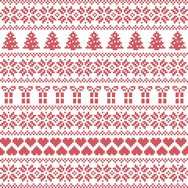 Estilo escandinavo, puntada de suéter de invierno nórdico, patrón de punto que incluye estrella, árbol de Navidad, regalo de Navidad, elemento corazón en rojo sobre fondo blanco en estilo sin costuras — Vector de stock