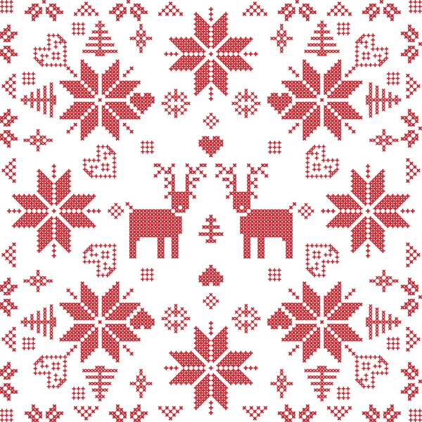 Scandinavische stijl Nordic winter steek, breien naadloze patroon in de vierkante vorm, met inbegrip van sneeuwvlokken, bomen, xmas sneeuwvlokken, harten, rendieren en decoratieve elementen in rode tegel — Stockvector