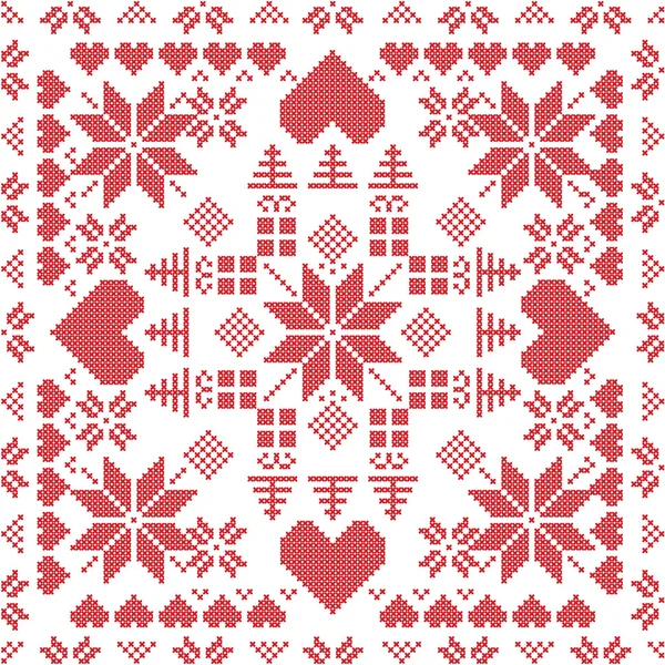Escandinavo estilo nórdico pegamento de invierno, tejer patrón sin costuras en la forma cuadrada incluyendo copos de nieve, regalos de Navidad, árboles de Navidad, corazones y elementos decorativos en rojo — Archivo Imágenes Vectoriales