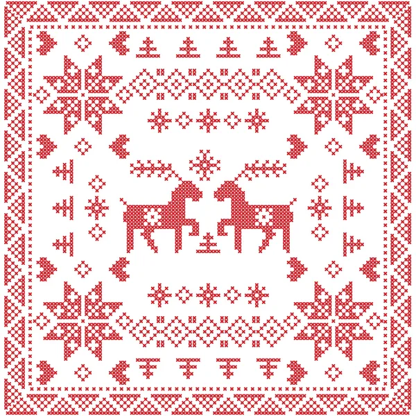 스칸디나비아 스타일의 북유럽 겨울 스티치, 광장에서 원활한 패턴 뜨개질, 눈송이, 나무, Xmas 눈송이, 하트, 순록 과 장식 요소를 포함한 타일 모양 — 스톡 벡터