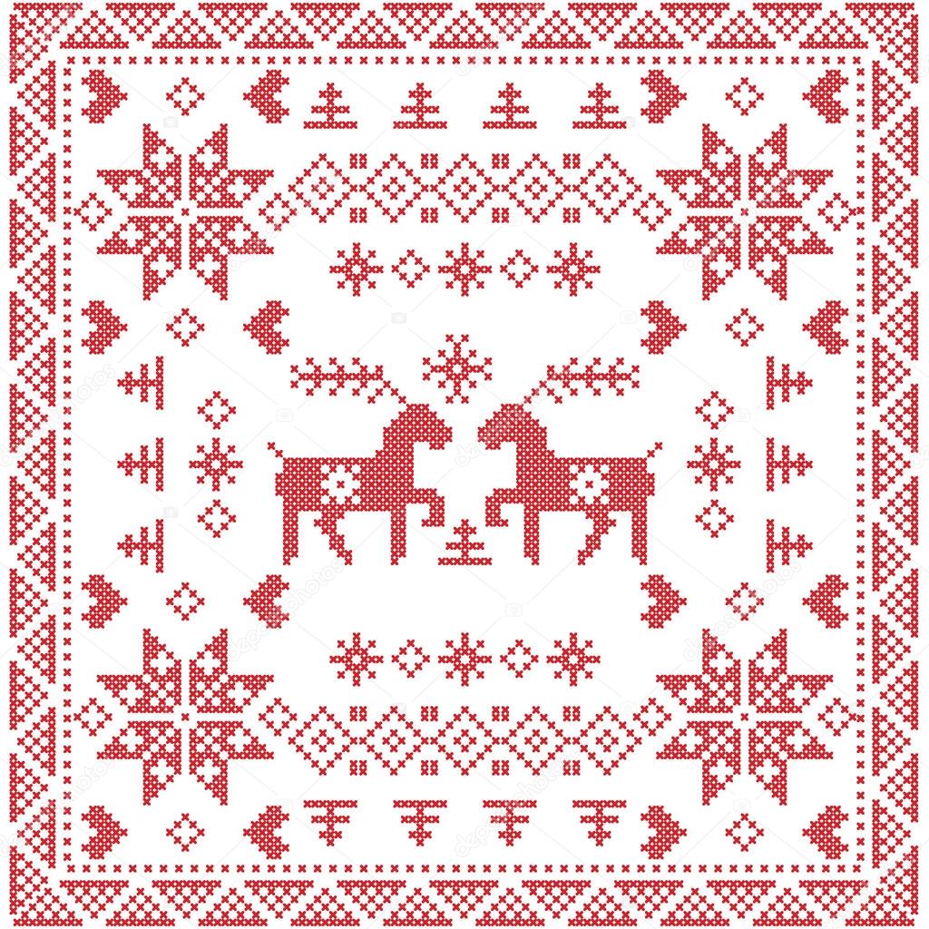 Scandinavian style Nordic winter stitch, knitting seamless pattern in the square, tile  shape including snowflakes, trees,Xmas snowflakes, hearts, reindeer and  Decorative elements