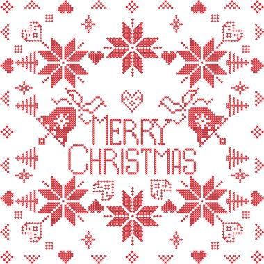 Merry Xmas İskandinav tarzı Nordic kış dikiş, kar taneleri, ağaçlar, Kalpler, dekoratif öğeler kırmızı kiremit dahil olmak üzere kare şeklinde seamless modeli örgü