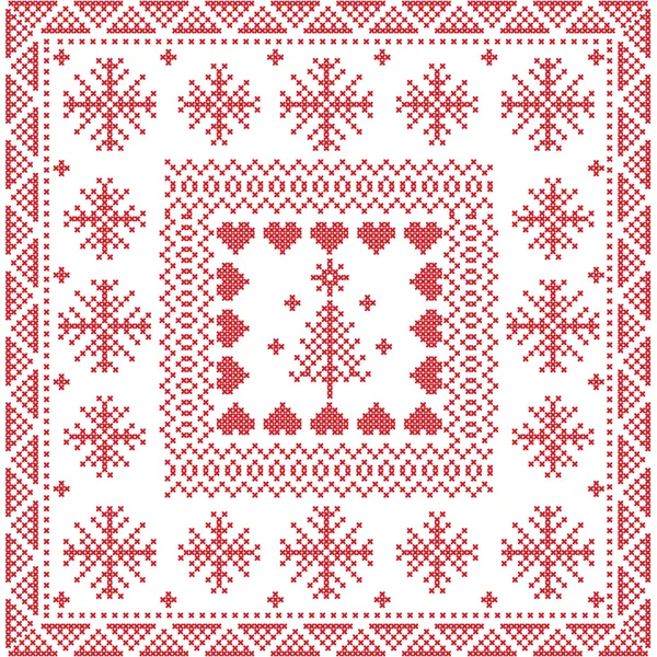 Estilo escandinavo Puntada de invierno nórdica, patrón sin costuras de punto en la plaza, forma de azulejo que incluye copos de nieve, árbol de Navidad, copos de nieve de Navidad, corazones, elementos decorativos en rojo — Vector de stock