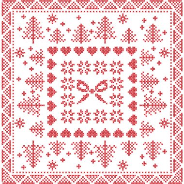 İskandinav tarzı Nordic kış dikiş, döşeme şekli kırmızı kar taneleri, yay, Noel ağacı, Noel kar taneleri, Kalpler, dekoratif öğeler dahil olmak üzere, meydanda Seamless Modeli Örgü
