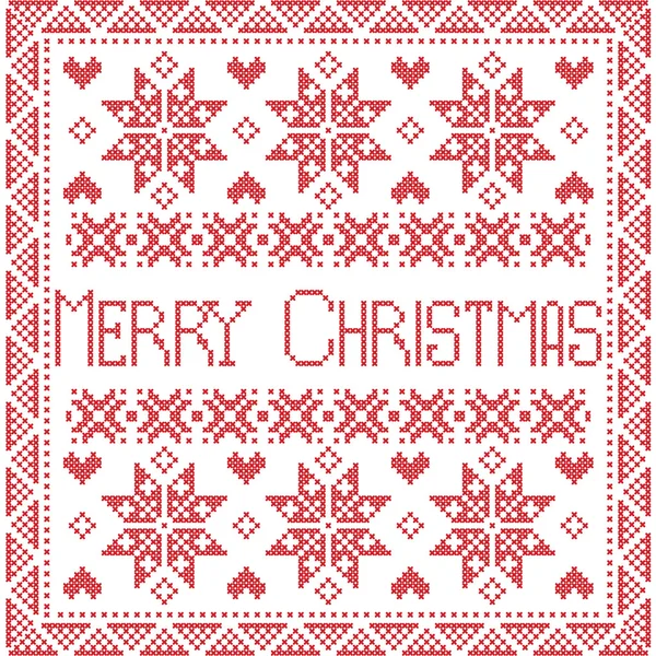 Merry Xmas Scandinavian style Nordic winter stitch, knitting seamless pattern in the square shape including snowflakes, trees, merry christmas sign in tile style in red — Stock Vector