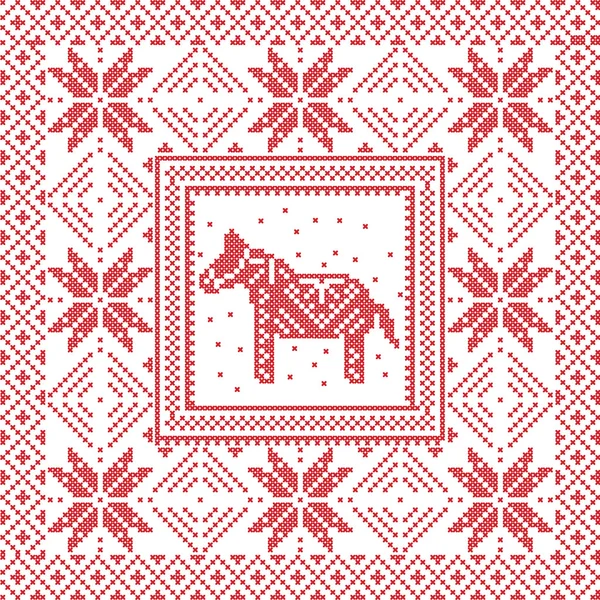 Punto de cruz de invierno nórdico de estilo escandinavo, patrón de punto en la plaza, forma de azulejo que incluye copos de nieve, caballo de dala decorativo sueco, copos de nieve y elementos decorativos de Navidad en rojo — Vector de stock