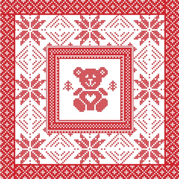 Point de croix scandinave d'hiver nordique, motif de Noël tricoté carré, forme carrelage, y compris flocons de neige, cadeaux de Noël, ours en peluche et éléments décoratifs en rouge et blanc — Image vectorielle