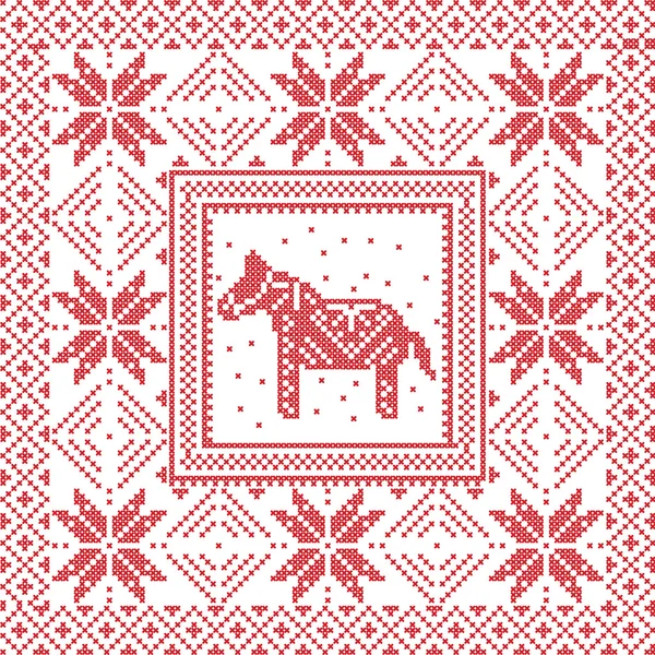 Scandinavian style Nordic winter cross  stitch, knitting  pattern in the square, tile  shape including snowflakes, Swedish decorative dala horse , snowflakes and Christmas decorative elements in red — Stock Vector