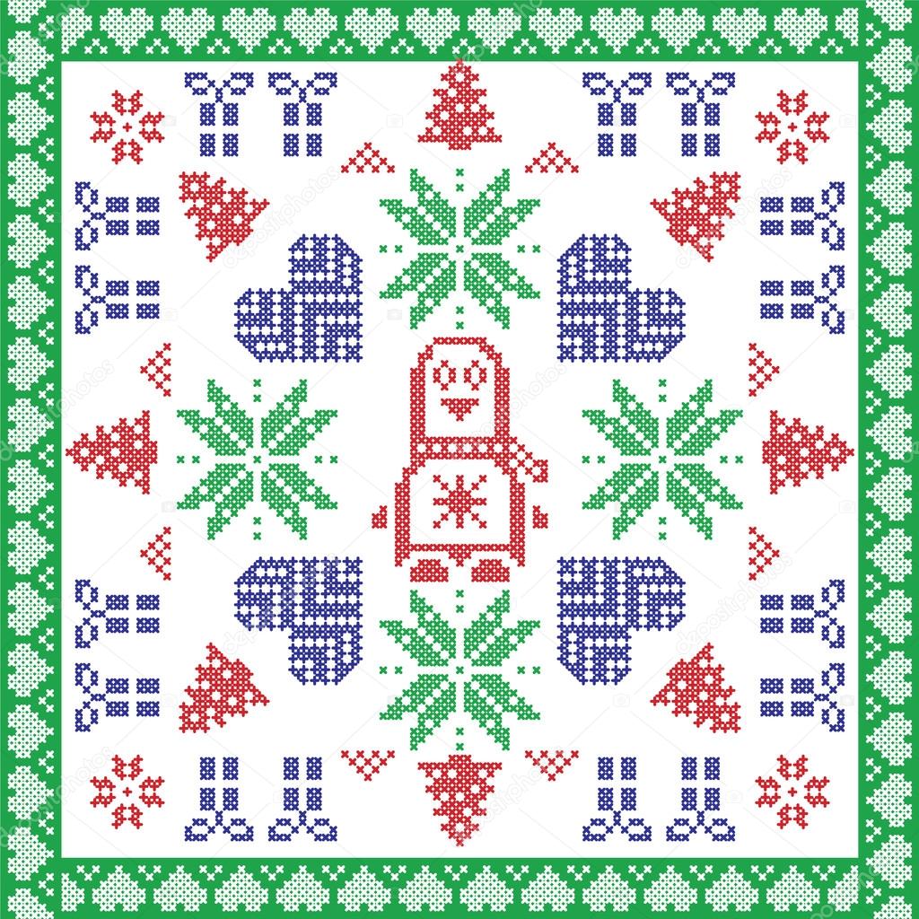 Scandinavian Nordic winter cross stitch, knitting  Christmas pattern in  square, tile  shape including snowflakes, stars, Christmas gifts, christmas trees, penguin,  and decorative elements