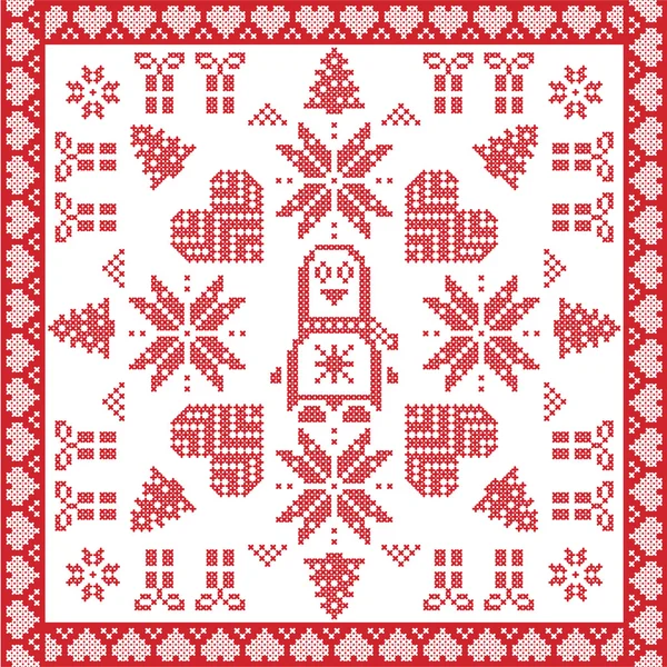 북유럽 스칸디나비아 크로스 스티치, 스퀘어, 눈송이, 별, 크리스마스 선물, 크리스마스 트리, 펭귄를 포함 하 여 타일 모양에에서 빨간색과 흰색 크리스마스 패턴 뜨개질 겨울 — 스톡 벡터