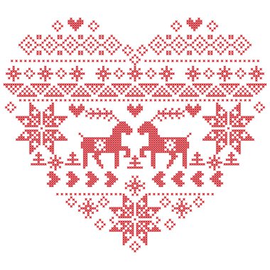 Kar taneleri, Noel ağaçları, Ren geyiği, kar, yıldız, beyaz arka plan üzerinde dekoratif öğeler de dahil olmak üzere kalp şekli şeklinde Noel desen örgü İskandinav Nordic kış dikiş