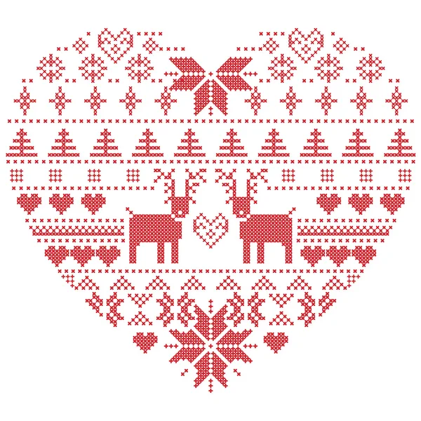 Stitch escandinavo inverno nórdico, tricô padrão de natal em forma de coração, incluindo flocos de neve, árvores de natal, renas, neve, estrelas, elementos decorativos sobre fundo branco — Vetor de Stock