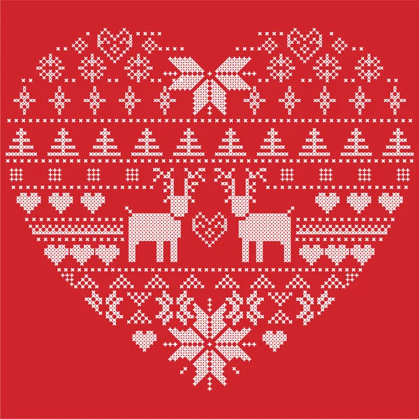 Kırmızı zemin üzerine İskandinav Nordic kış stitch, kar taneleri, Noel ağaçları, Ren geyiği, kar, yıldız, dekoratif öğeler de dahil olmak üzere kalp şekli şeklinde Noel desen örgü süsler