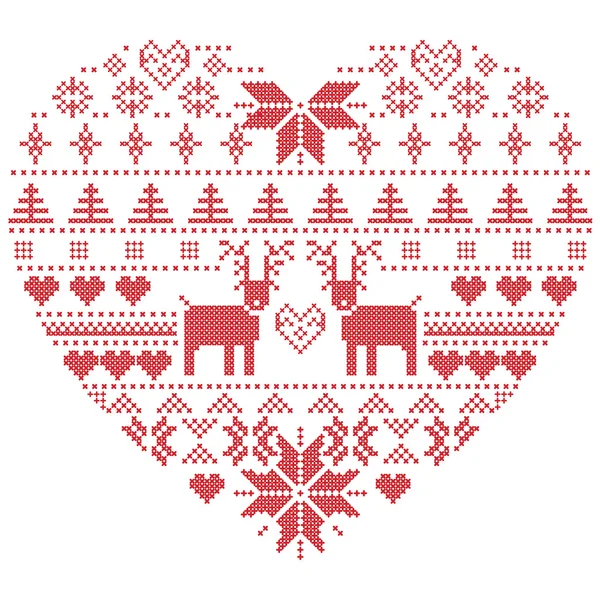 Scandinavian Nordic winter stitch, knitting Christmas pattern in heart shape white background — стоковый вектор