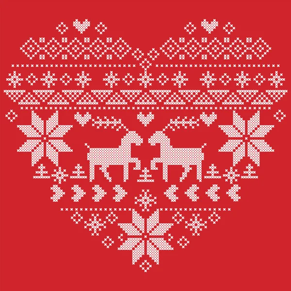 Puntada de invierno escandinava nórdica, patrón de Navidad de punto en forma de corazón, incluyendo copos de nieve, árboles de Navidad, renos, nieve, estrellas, elementos decorativos sobre fondo rojo — Vector de stock