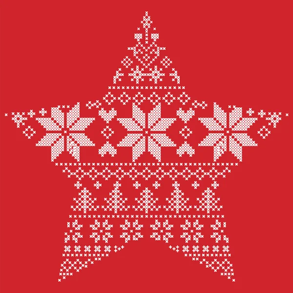 Escandinava puntada de invierno nórdica, patrón de punto de Navidad en forma de estrella, incluyendo copos de nieve, árboles de Navidad, nieve, estrellas, elementos decorativos, adornos sobre fondo rojo — Archivo Imágenes Vectoriales