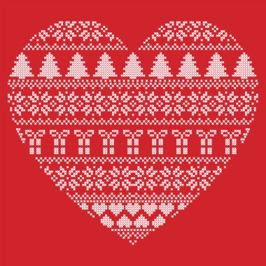 Kırmızıyla İskandinav Nordic kış stitch, kar taneleri, Noel ağaçları, Noel hediyeleri, kar, yıldız, dekoratif öğeler de dahil olmak üzere kalp şekli şeklinde Noel desen örgü süsler
