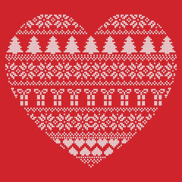 빨간색에서 스칸디나비아 북유럽 겨울 스티치, 눈송이, 크리스마스 나무, 크리스마스 선물, 눈, 별, 장식 요소를 포함 하 여 심장 모양 모양에 있는 크리스마스 패턴 뜨개질 장식품 — 스톡 벡터
