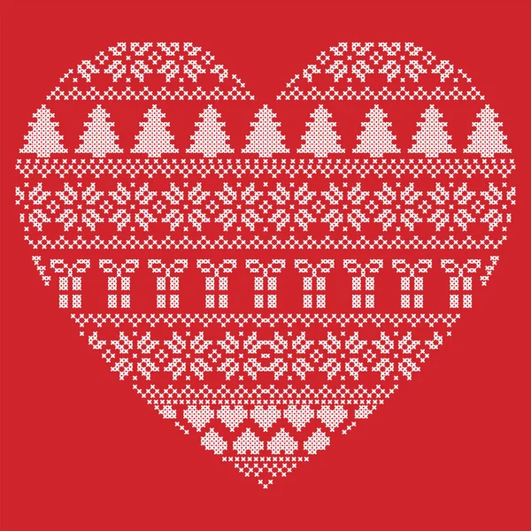 Kırmızıyla İskandinav Nordic kış stitch, kar taneleri, Noel ağaçları, Noel hediyeleri, kar, yıldız, dekoratif öğeler de dahil olmak üzere kalp şekli şeklinde Noel desen örgü süsler