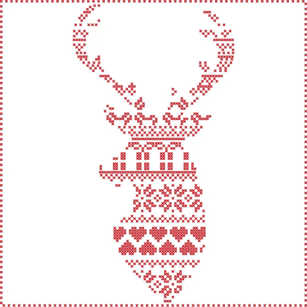 Point d'hiver scandinave nordique, motif de Noël tricoté en forme de renne, y compris flocons de neige, cadeaux de Noël, neige de Noël, étoiles, éléments décoratifs, ornements sur fond blanc en rouge — Image vectorielle