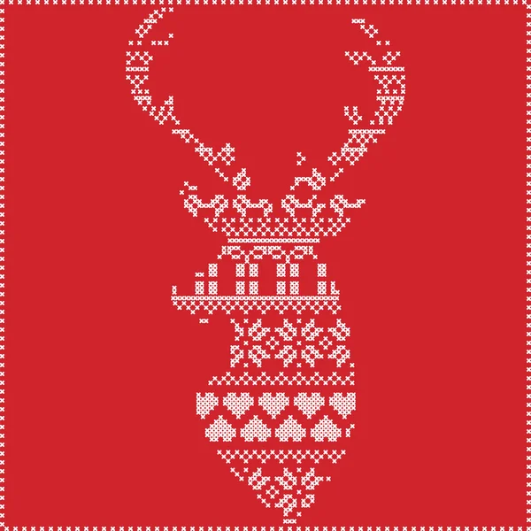 Skandinaviska nordiska vintern stitch, stickning jul mönster i i ren form form inklusive snöflingor, xmas presenterar, jul snö, stjärnor, dekorativa element, ornament på röd bakgrund i vitt — Stock vektor