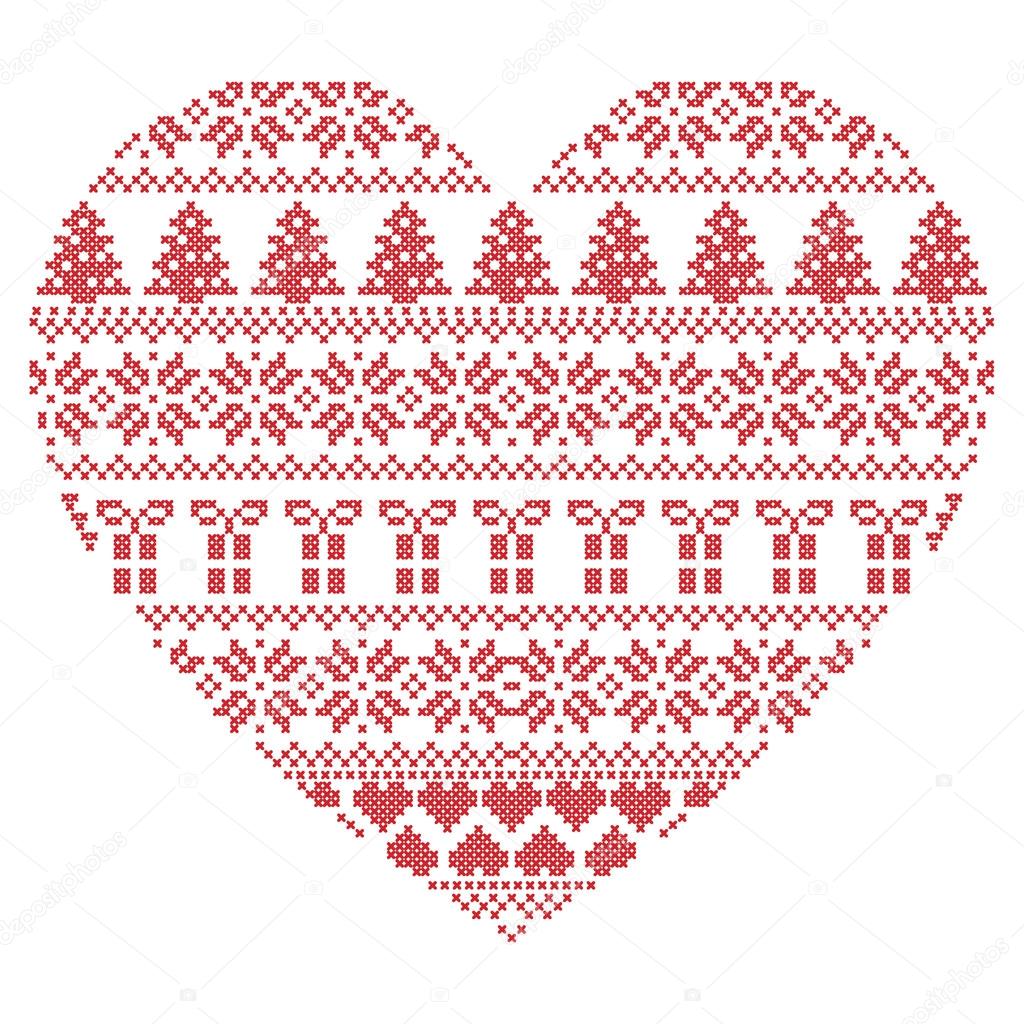 Scandinavian Nordic winter stitch, knitting  christmas pattern in  in heart shape shape including snowflakes, xmas trees,reindeer, snow, stars, decorative elements, ornaments  on white background