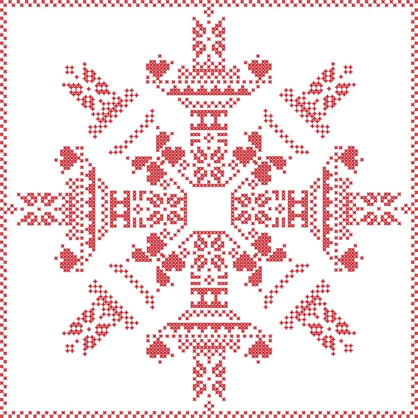 Escandinavo puntada de invierno nórdica, patrón de punto de Navidad en forma de copo de nieve, con marco de stithc cruz incluyendo, nieve, estrellas, elementos decorativos en rojo sobre fondo blanco — Archivo Imágenes Vectoriales