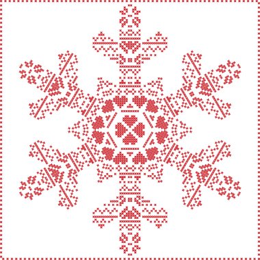 Scandinavian Nordic winter cross stitching, knitting  christmas pattern in  in  snowflake shape , with cross stitch frame including , snow, hearts, stars, decorative elements in red on white   background clipart