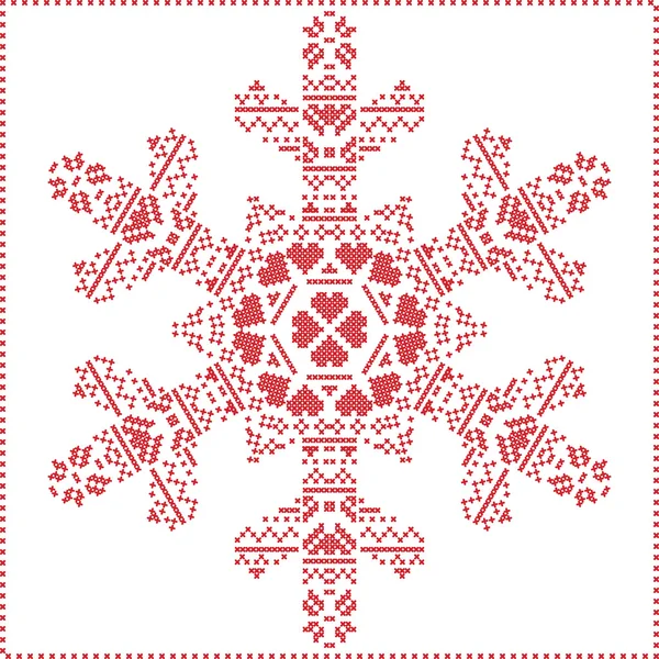 Scandinavian Nordic winter cross stitching, knitting  christmas pattern in  in  snowflake shape , with cross stitch frame including , snow, hearts, stars, decorative elements in red on white   background — Stock Vector