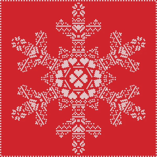 Escandinavo Nordic invierno cruz costura, tejer patrón de Navidad en forma de copo de nieve, con marco de punto de cruz incluyendo, nieve, corazones, estrellas, elementos decorativos en blanco sobre fondo rojo — Vector de stock