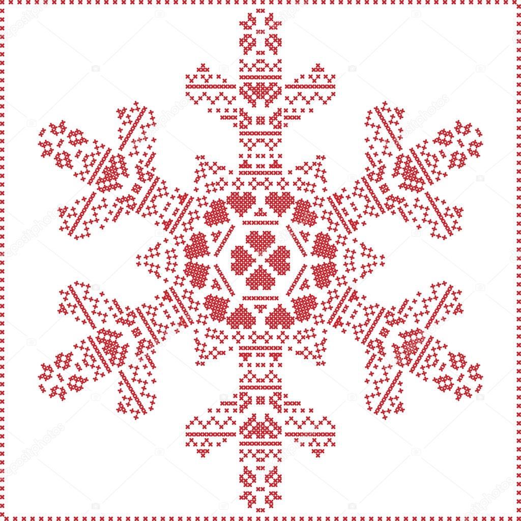 Scandinavian Nordic winter cross stitching, knitting  christmas pattern in  in  snowflake shape , with cross stitch frame including , snow, hearts, stars, decorative elements in red on white   background