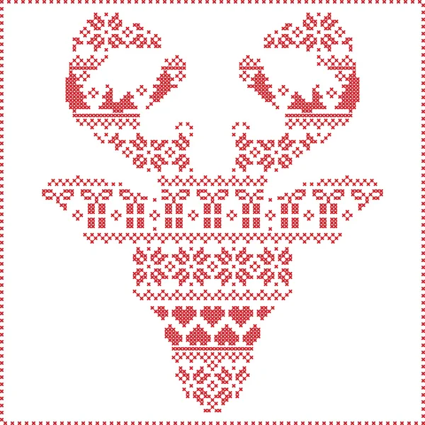 Σκανδιναβικές σκανδιναβικές χειμώνα ράψιμο Πλεκτομηχανές pattern Χριστούγεννα στο στο μετωπιαίο σχήμα του κεφαλιού τάρανδος συμπεριλαμβανομένων νιφάδες χιονιού, καρδιές xmas δέντρα χριστουγεννιάτικα δώρα, χιόνι, αστέρια, διακοσμητικά στολίδια 2 — Διανυσματικό Αρχείο