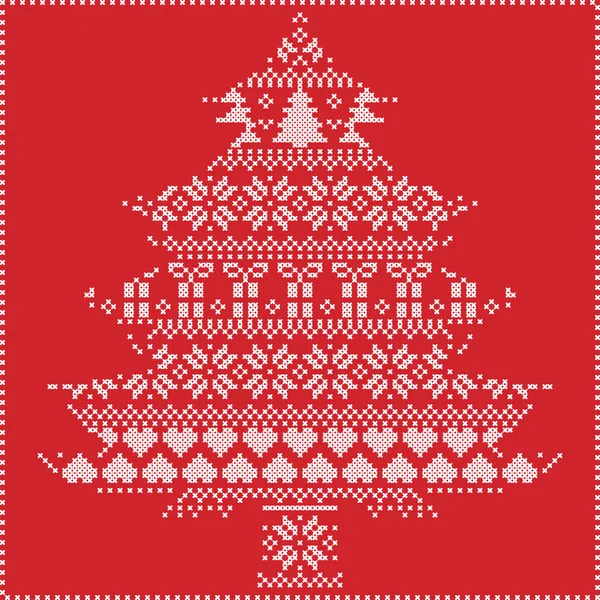 스칸디나비아 북유럽 겨울 바느질 눈송이, 크리스마스 선물 하트 크리스마스 나무, 눈, 별, 빨간색에 장식 장식품 등 크리스마스 트리 모양에서에서 크리스마스 패턴 편 직 — 스톡 벡터