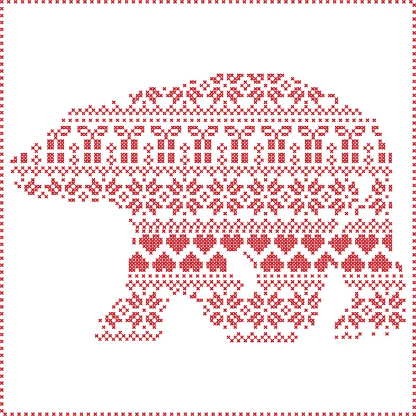 Скандинавські північних зимових зшивання в'язання Різдво в білий ведмідь форми, в тому числі сніжинки, серця Різдво дерев різдвяні подарунки, сніг, зірочок, декоративні прикраси на білий — стоковий вектор