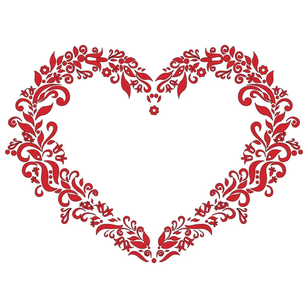 Embroidery inspired  love heart shape pattern in red with floral elements   on white  background with black stroke — Stock Vector